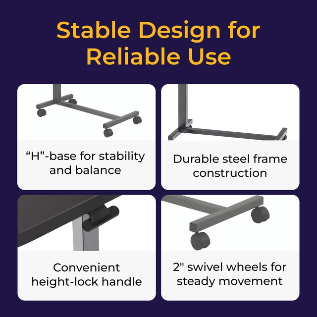 Alt view image 10 of 14 - Overbed Table with Wheels, Woodgrain Top, Silver Vein | Overbed Table with Wheels Offers Secure Height Adjustment and Smooth Rolling Design for Everyday Comfort