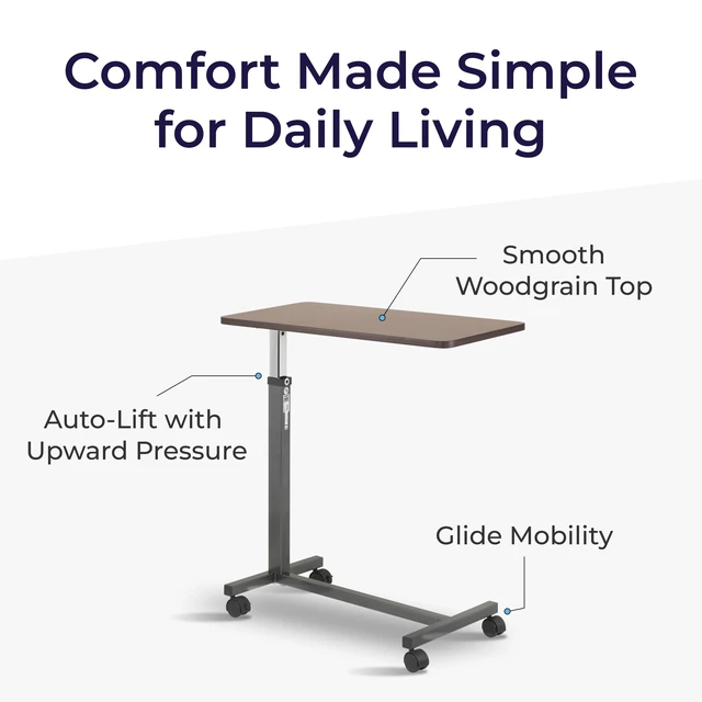 Alt view image 11 of 14 - Overbed Table with Wheels, Woodgrain Top, Silver Vein | Overbed Table with Wheels Offers Secure Height Adjustment and Smooth Rolling Design for Everyday Comfort