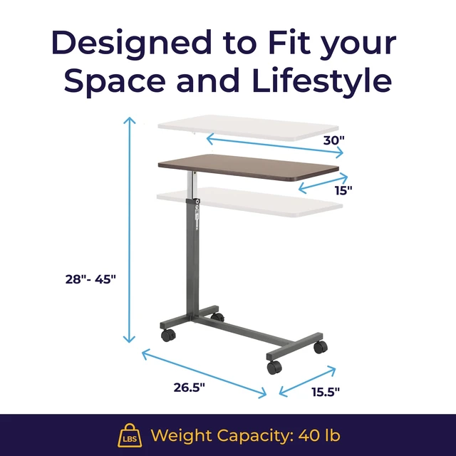 Alt view image 14 of 14 - Overbed Table with Wheels, Woodgrain Top, Silver Vein | Overbed Table with Wheels Offers Secure Height Adjustment and Smooth Rolling Design for Everyday Comfort