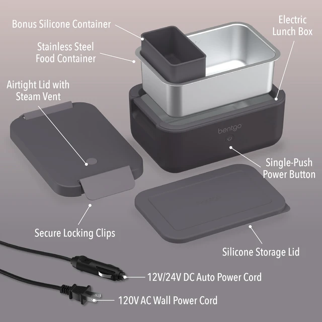 Alt view image 13 of 14 - Heat Electric Lunch Box & Portable Food Warmer for Work & Travel | Heated Lunch Box, 4.1-Cup Stainless Steel Container, Leakproof Lid, Wall & Car Power Cords (Obsidian)