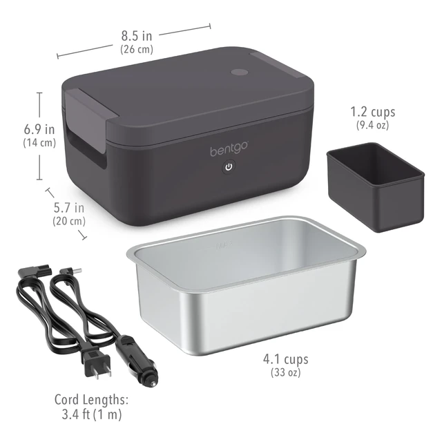 Alt view image 14 of 14 - Heat Electric Lunch Box & Portable Food Warmer for Work & Travel | Heated Lunch Box, 4.1-Cup Stainless Steel Container, Leakproof Lid, Wall & Car Power Cords (Obsidian)