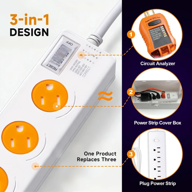 Alt view image 7 of 10 - Power Strip with Rotating Safety Shutter USB Charging&Circuit Tester | 6.0ft Extension Cord 3 Outlet(1875W/15A)2 USB Ports 20W Fast Charging (1 USB C )anti-shock protection,Overload protection