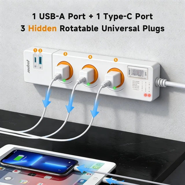 Alt view image 8 of 10 - Power Strip with Rotating Safety Shutter USB Charging&Circuit Tester | 6.0ft Extension Cord 3 Outlet(1875W/15A)2 USB Ports 20W Fast Charging (1 USB C )anti-shock protection,Overload protection
