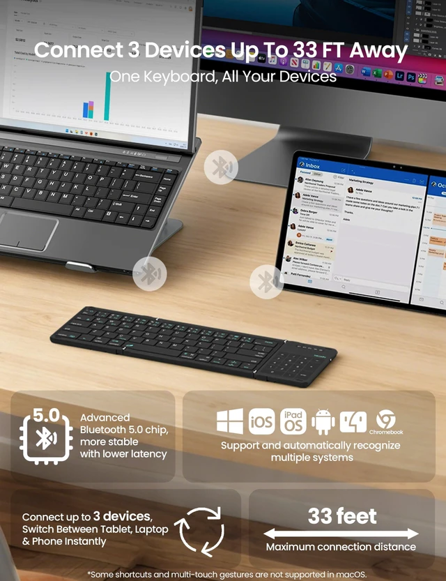 Alt view image 12 of 14 - Foldable Bluetooth Keyboard with Touchpad & Number Pad, Black | Pocket-Size, 3-Device Connection, 140-Day Standby, 64 Full-Size Keys, 1.5mm Key Travel, Multi-Touch Trackpad, 50K Fold Tested