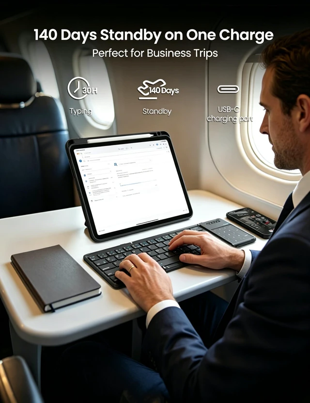 Alt view image 13 of 14 - Foldable Bluetooth Keyboard with Touchpad & Number Pad, Black | Pocket-Size, 3-Device Connection, 140-Day Standby, 64 Full-Size Keys, 1.5mm Key Travel, Multi-Touch Trackpad, 50K Fold Tested