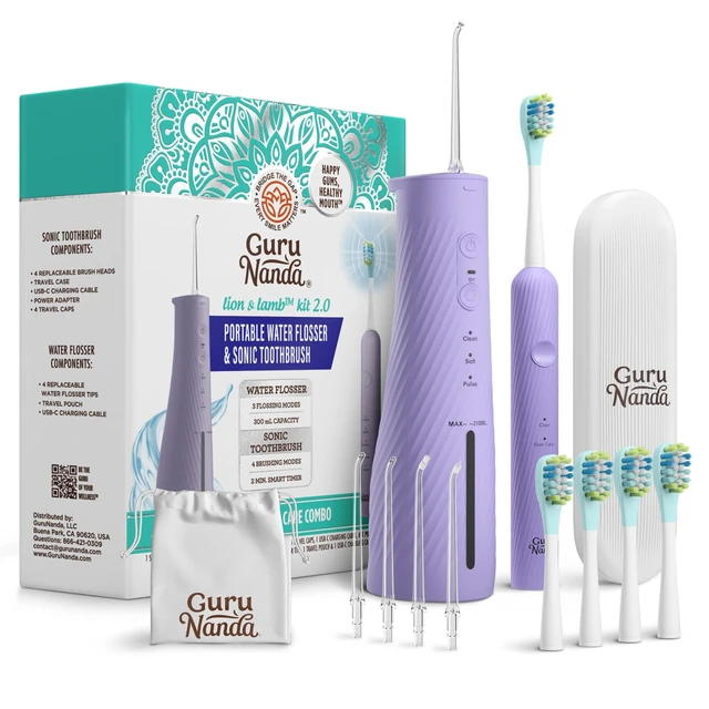 Alt view image 8 of 14 - Electric Toothbrush & Water Flosser, 4 Toothbrush Heads, 4 Tips | Lion & Lamb 2.0 Water Flosser Cordless & Soft Electric Toothbrush for Adults|Travel Case & Pouch|Bulit-Intip Storage|Lavender