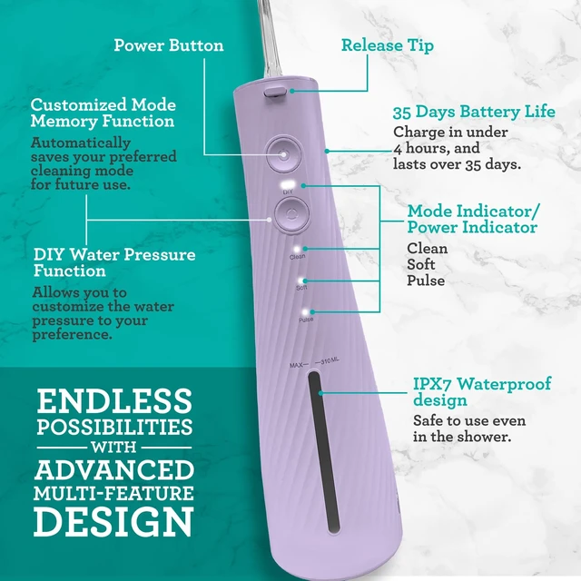 Alt view image 10 of 14 - Electric Toothbrush & Water Flosser, 4 Toothbrush Heads, 4 Tips | Lion & Lamb 2.0 Water Flosser Cordless & Soft Electric Toothbrush for Adults|Travel Case & Pouch|Bulit-Intip Storage|Lavender