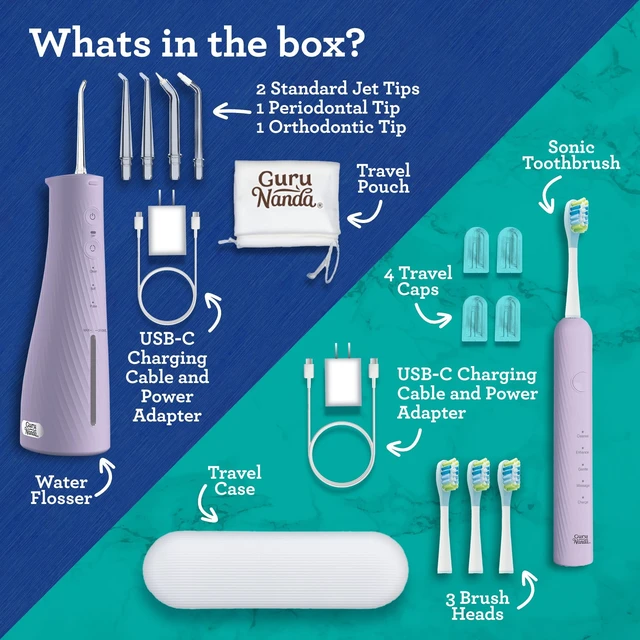 Alt view image 13 of 14 - Electric Toothbrush & Water Flosser, 4 Toothbrush Heads, 4 Tips | Lion & Lamb 2.0 Water Flosser Cordless & Soft Electric Toothbrush for Adults|Travel Case & Pouch|Bulit-Intip Storage|Lavender