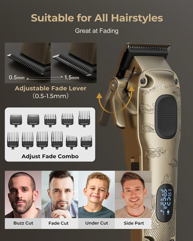 Alt view image 10 of 14 - Hair Clippers for Men Professional, Cordless Clipper and Trimmer Set | 7000RPM Grooming Kit with EVA Case, LED display, 14 Guide Combs (including Right & Left Ear Taper Combs), Nose Trimmer Head