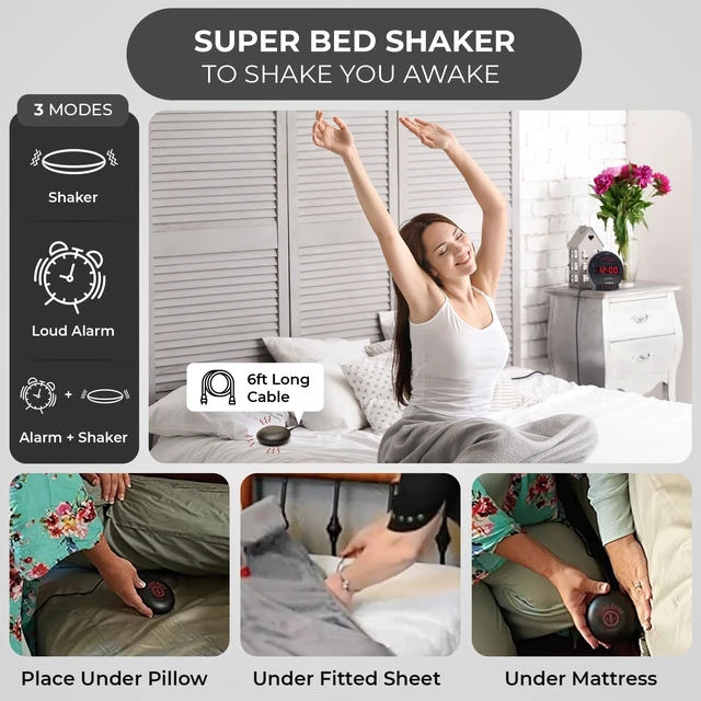 Alt view image 9 of 14 - Bomb Dual Extra Loud Alarm Clock with Bed Shaker, Black | Vibrating Alarm Clock Heavy Sleepers, Battery Backup | Wake with a Shake