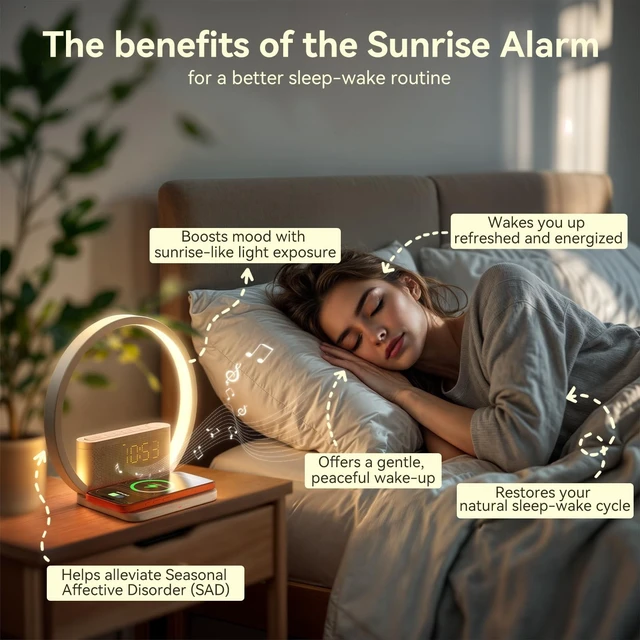 Alt view image 9 of 14 - Sunrise Alarm Clock Wireless Charger, White Noise Sound Machine | 20 Sounds with 30/60/90 Mins Timer for Sleep Aid, 3 Levels Touch Night Light, Dual Alarm for Heavy Sleeper Bedroom Decor