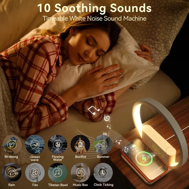 Alt view image 11 of 14 - Sunrise Alarm Clock Wireless Charger, White Noise Sound Machine | 20 Sounds with 30/60/90 Mins Timer for Sleep Aid, 3 Levels Touch Night Light, Dual Alarm for Heavy Sleeper Bedroom Decor