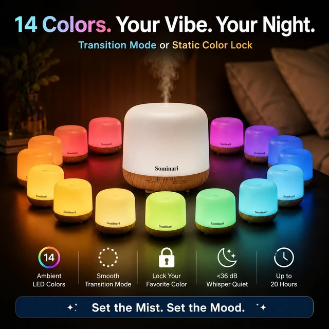 Alt view image 9 of 14 - Essential Oil Diffuser 500ml, Quiet Ultrasonic Bedroom Humidifier | Wireless Remote, 14 Ambient LED Nightlight, Timer Setting, Auto-Off Safety, BPA-Free for Large Room Aromatherapy