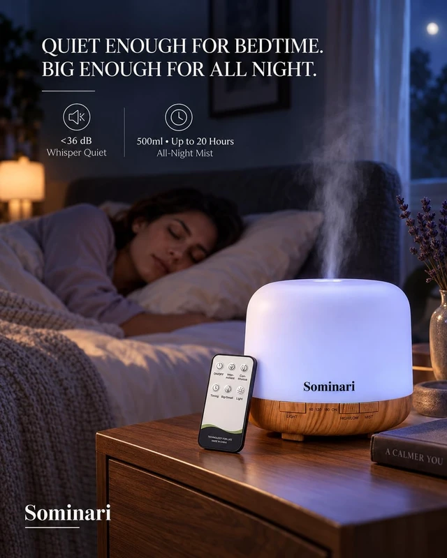 Alt view image 11 of 14 - Essential Oil Diffuser 500ml, Quiet Ultrasonic Bedroom Humidifier | Wireless Remote, 14 Ambient LED Nightlight, Timer Setting, Auto-Off Safety, BPA-Free for Large Room Aromatherapy