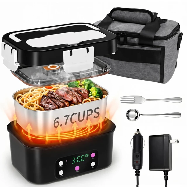 Alt view image 8 of 14 - Cordless Electric Lunch Box, 6.7 Cups Smart Timer Auto Heated Lunch Box, 15600mAh Rechargeable Food Warmer for Work, Car, Home, Leakproof Bento Container for Adults