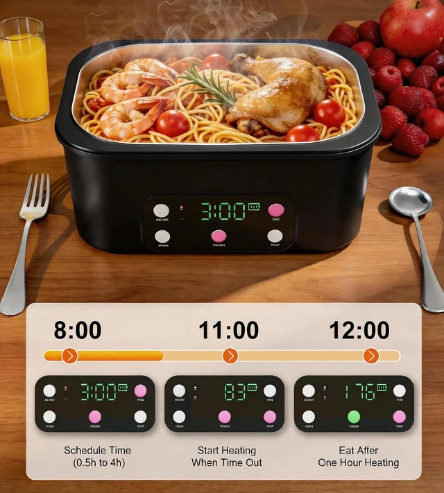 Alt view image 10 of 14 - Cordless Electric Lunch Box, 6.7 Cups Smart Timer Auto Heated Lunch Box, 15600mAh Rechargeable Food Warmer for Work, Car, Home, Leakproof Bento Container for Adults
