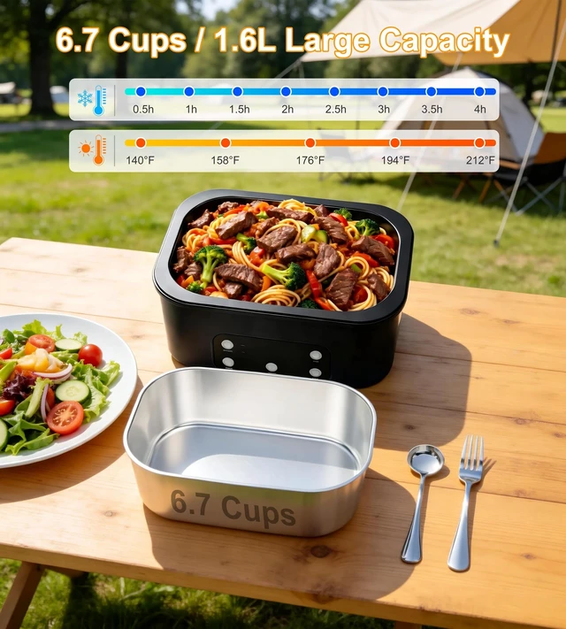 Alt view image 9 of 14 - Cordless Electric Lunch Box, 6.7 Cups Smart Timer Auto Heated Lunch Box, 15600mAh Rechargeable Food Warmer for Work, Car, Home, Leakproof Bento Container for Adults