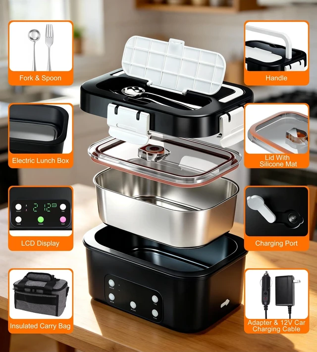 Alt view image 14 of 14 - Cordless Electric Lunch Box, 6.7 Cups Smart Timer Auto Heated Lunch Box, 15600mAh Rechargeable Food Warmer for Work, Car, Home, Leakproof Bento Container for Adults