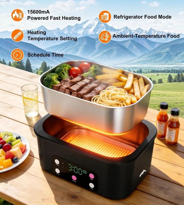 Alt view image 11 of 14 - Cordless Electric Lunch Box, 6.7 Cups Smart Timer Auto Heated Lunch Box, 15600mAh Rechargeable Food Warmer for Work, Car, Home, Leakproof Bento Container for Adults