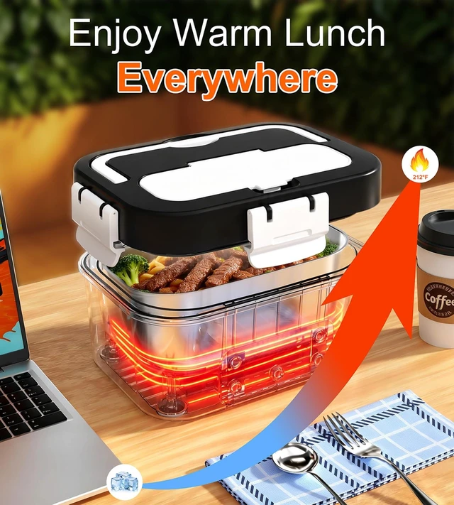 Alt view image 13 of 14 - Cordless Electric Lunch Box, 6.7 Cups Smart Timer Auto Heated Lunch Box, 15600mAh Rechargeable Food Warmer for Work, Car, Home, Leakproof Bento Container for Adults