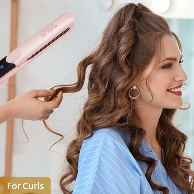 Alt view image 11 of 14 - Pro Titanium Flat Iron Hair Straightener and Curler 2 in 1 with Heat Resistant Silicone Mat, Round Pink Dual Voltage Hair Straightener Irons, Smoothness, Large LCD Display, 20s Fast Heating