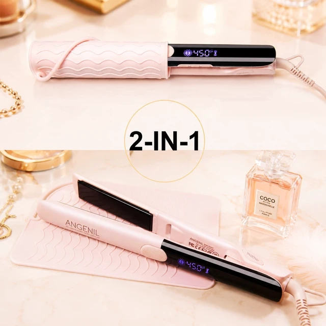 Alt view image 13 of 14 - Pro Titanium Flat Iron Hair Straightener and Curler 2 in 1 with Heat Resistant Silicone Mat, Round Pink Dual Voltage Hair Straightener Irons, Smoothness, Large LCD Display, 20s Fast Heating