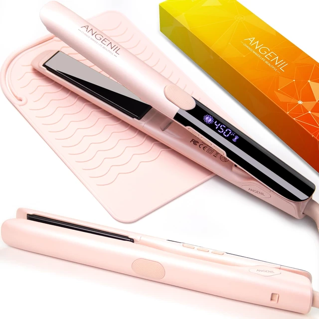 Alt view image 8 of 14 - Pro Titanium Flat Iron Hair Straightener and Curler 2 in 1 with Heat Resistant Silicone Mat, Round Pink Dual Voltage Hair Straightener Irons, Smoothness, Large LCD Display, 20s Fast Heating