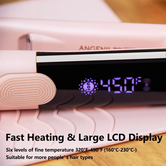 Alt view image 12 of 14 - Pro Titanium Flat Iron Hair Straightener and Curler 2 in 1 with Heat Resistant Silicone Mat, Round Pink Dual Voltage Hair Straightener Irons, Smoothness, Large LCD Display, 20s Fast Heating