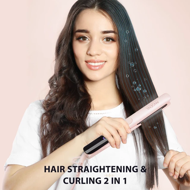 Alt view image 9 of 14 - Pro Titanium Flat Iron Hair Straightener and Curler 2 in 1 with Heat Resistant Silicone Mat, Round Pink Dual Voltage Hair Straightener Irons, Smoothness, Large LCD Display, 20s Fast Heating