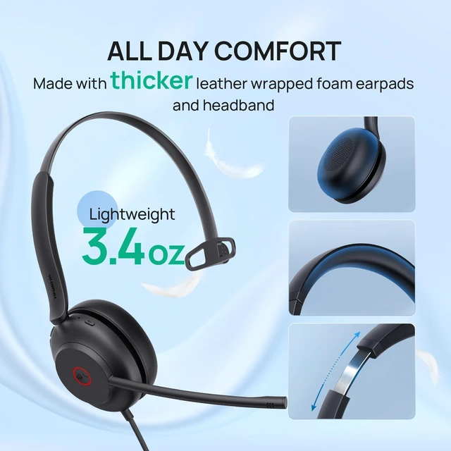 Alt view image 11 of 14 - UH35 Wired Headset, USB-A, AI Noise Canceling Mic,HD Audio, On-Ear | Teams/Zoom Certified, Single-ear Headphones with 2-Microphones, Play&Plug for PC/Phone, Work,Calls,Online Meeting,5.6ft Cable
