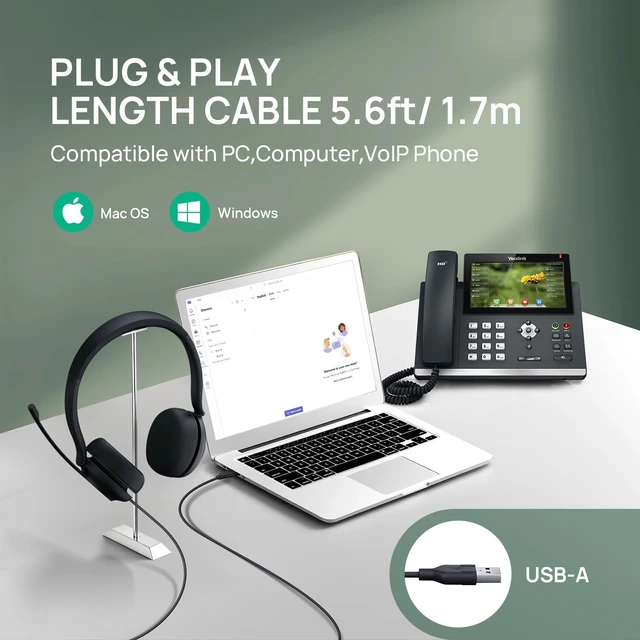 Alt view image 13 of 14 - UH35 Wired Headset, USB-A, AI Noise Canceling Mic,HD Audio, On-Ear | Teams/Zoom Certified, Single-ear Headphones with 2-Microphones, Play&Plug for PC/Phone, Work,Calls,Online Meeting,5.6ft Cable
