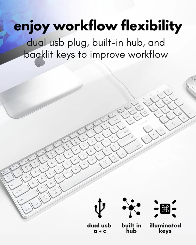 Alt view image 9 of 14 - Wired Keyboard for Mac with USB Hub (2X USB-A / 1x USB-C) - Compatible Backlit Apple Keyboard with Dual Interface - Auto OS Detection for Mac, MacBook, iMac, PC, Android, iPad, iOS - Silver