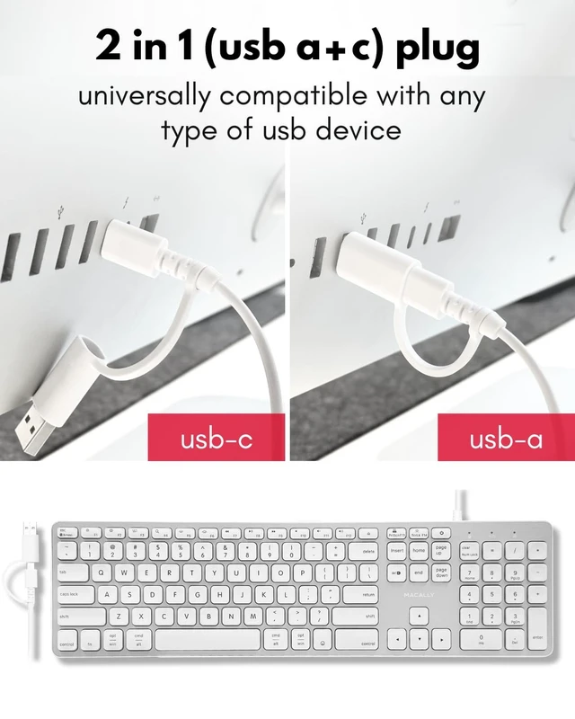 Alt view image 10 of 14 - Wired Keyboard for Mac with USB Hub (2X USB-A / 1x USB-C) - Compatible Backlit Apple Keyboard with Dual Interface - Auto OS Detection for Mac, MacBook, iMac, PC, Android, iPad, iOS - Silver