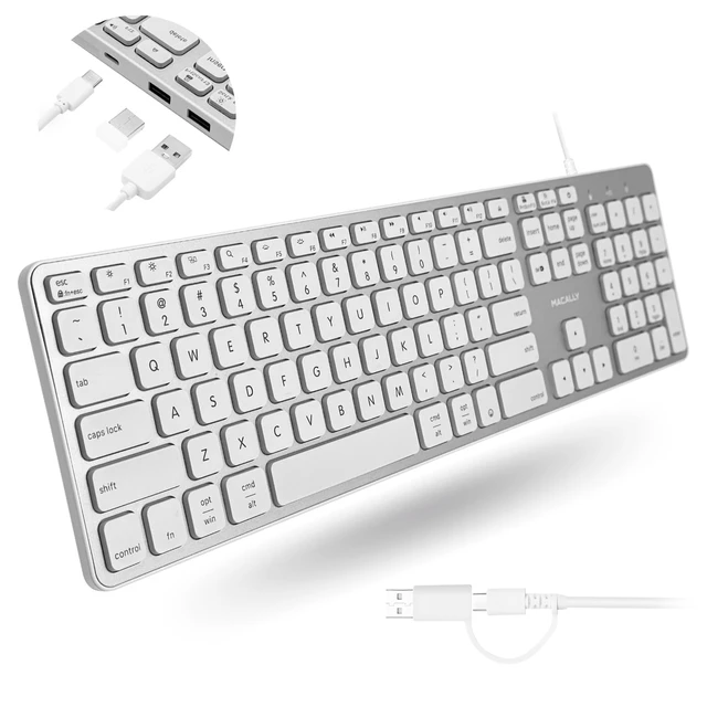 Alt view image 8 of 14 - Wired Keyboard for Mac with USB Hub (2X USB-A / 1x USB-C) - Compatible Backlit Apple Keyboard with Dual Interface - Auto OS Detection for Mac, MacBook, iMac, PC, Android, iPad, iOS - Silver