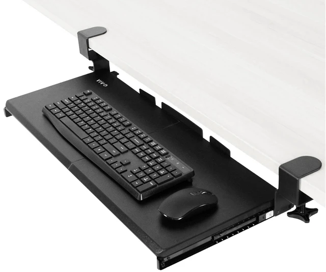 Alt view image 8 of 14 - Black Clamp-on 27 x 11 in Keyboard Tray, MOUNT-KB05E | Large Under Desk Keyboard & Mouse Tray for Typing, Slide Out Platform, Extra Sturdy C-Clamp Mount System, Computer Drawer