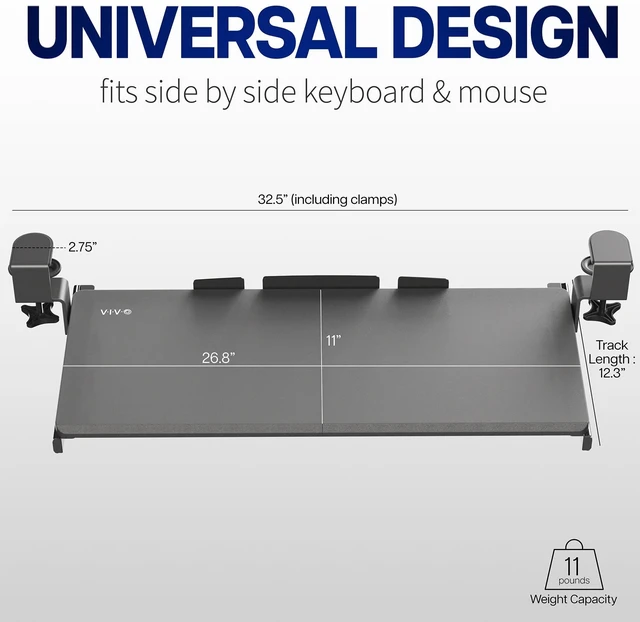 Alt view image 10 of 14 - Black Clamp-on 27 x 11 in Keyboard Tray, MOUNT-KB05E | Large Under Desk Keyboard & Mouse Tray for Typing, Slide Out Platform, Extra Sturdy C-Clamp Mount System, Computer Drawer