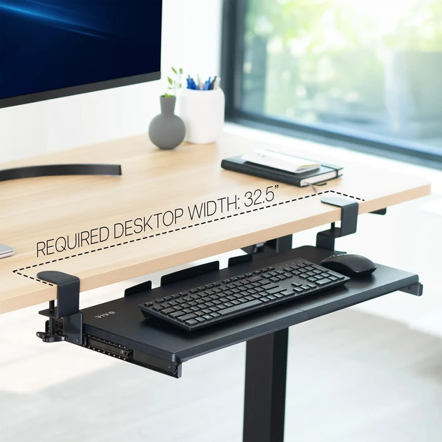 Alt view image 9 of 14 - Black Clamp-on 27 x 11 in Keyboard Tray, MOUNT-KB05E | Large Under Desk Keyboard & Mouse Tray for Typing, Slide Out Platform, Extra Sturdy C-Clamp Mount System, Computer Drawer