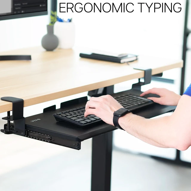 Alt view image 14 of 14 - Black Clamp-on 27 x 11 in Keyboard Tray, MOUNT-KB05E | Large Under Desk Keyboard & Mouse Tray for Typing, Slide Out Platform, Extra Sturdy C-Clamp Mount System, Computer Drawer