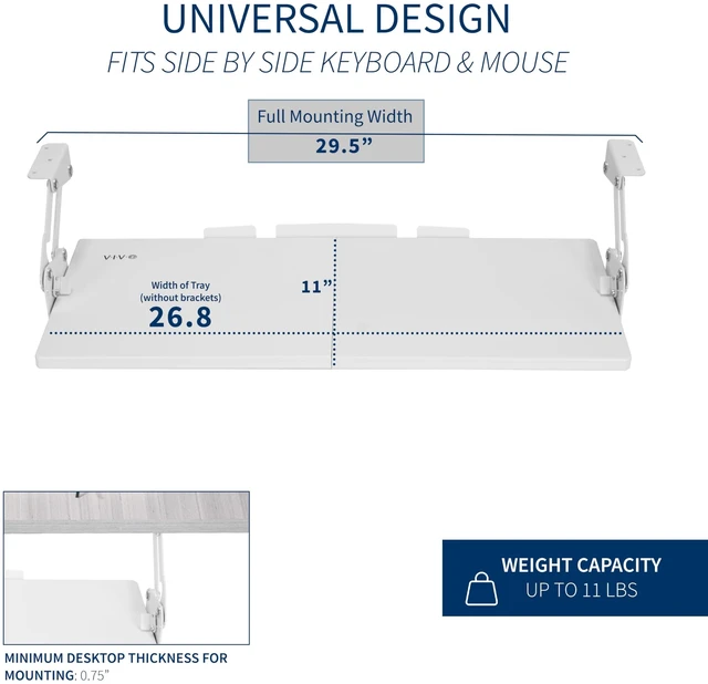 Alt view image 11 of 14 - White Under Desk 27 x 11 in Adjustable Keyboard Tray, MOUNT-KB08SW | Large Computer Keyboard & Mouse Tray with Swinging Height Adjustment, 12 Settings, Platform Drawer for Typing