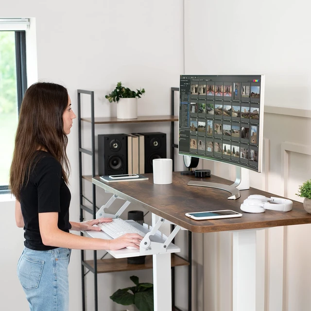 Alt view image 9 of 14 - White Under Desk 27 x 11 in Adjustable Keyboard Tray, MOUNT-KB08SW | Large Computer Keyboard & Mouse Tray with Swinging Height Adjustment, 12 Settings, Platform Drawer for Typing