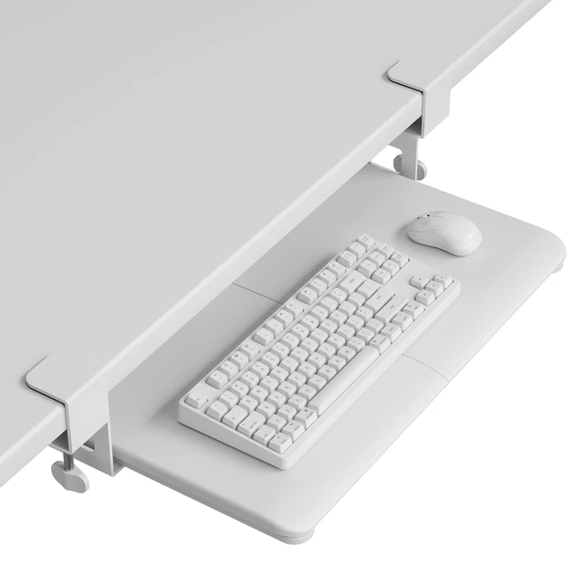 Alt view image 8 of 14 - Under Desk Keyboard Tray, Pull-Out Keyboard & Mouse Platform | C-Clamp Mount, Space-Saving Ergonomic Slide-Out Drawer, 31.3 in Including Clamps, 20 x 11.8 in Tray, White