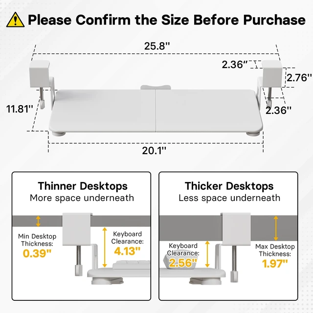 Alt view image 9 of 14 - Under Desk Keyboard Tray, Pull-Out Keyboard & Mouse Platform | C-Clamp Mount, Space-Saving Ergonomic Slide-Out Drawer, 31.3 in Including Clamps, 20 x 11.8 in Tray, White