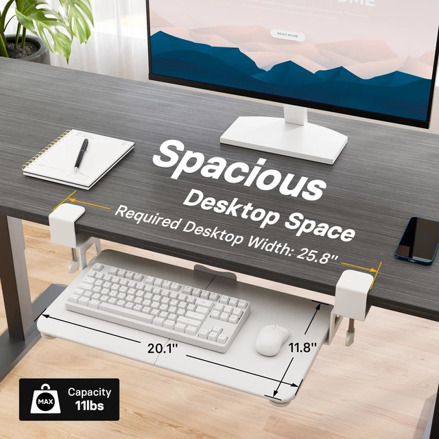 Alt view image 12 of 14 - Under Desk Keyboard Tray, Pull-Out Keyboard & Mouse Platform | C-Clamp Mount, Space-Saving Ergonomic Slide-Out Drawer, 31.3 in Including Clamps, 20 x 11.8 in Tray, White
