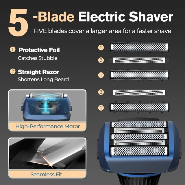 Alt view image 9 of 14 - Electric Razor for Men, 5-Blade Foil Shaver, Wet Dry, USB-C, 2-Speed | 5-Blade Foil Shaver for Face with 2 Speeds, Wet Dry Use, USB-C Charging, LED Display, Pop-up Trimmer, Up to 100-Min Runtime