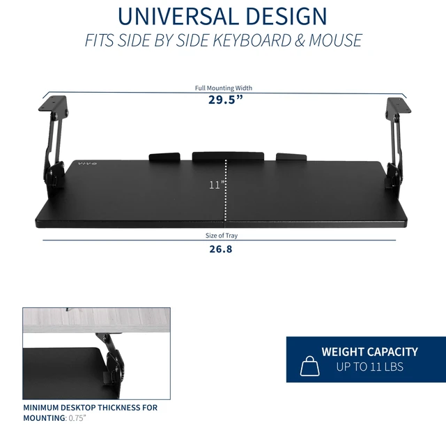 Alt view image 13 of 14 - Black Under Desk 27 x 11 in Adjustable Keyboard Tray, MOUNT-KB08S | Large Computer Keyboard & Mouse Tray with Swinging Height Adjustment, 12 Settings, Platform Drawer for Typing