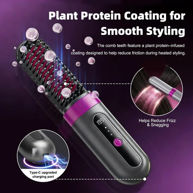 Alt view image 12 of 14 - Cordless Hair Straightener Brush for Women, Fast Heating Anti-Frizz Hair Styling Tool, 3 Heat Settings, 300M Negative Ions, Portable Rechargeable Straightening Brush for Travel & Daily Use