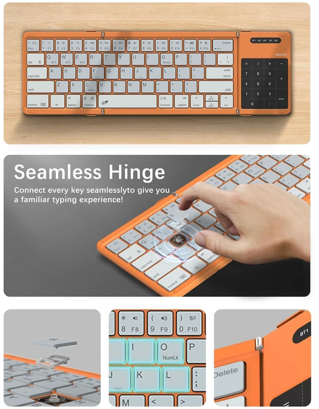 Alt view image 14 of 14 - Cube Pocket Upgraded Foldable Keyboard with Touchpad & Number Pad | Bluetooth Wireless Keyboard, Travel-friendly, Pocket-Sized, Full Size Keys, Support 3 Devices for iPad Laptop Phone, Orange