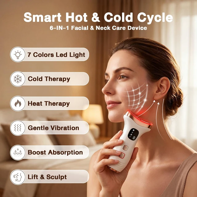 Alt view image 9 of 14 - Facial Massager for Face & Neck, 7-in-1 Gua Sha Beauty Wand | Cold & Heat Therapy | 7 Color LED Light & Vibration | Depuffing & Sculpting Skincare Tool for Face, Neck | Gift for Women