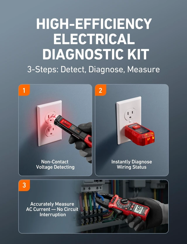 Alt view image 9 of 14 - Electrical Test Kit ETK3, 2000 Counts Digital Clamp Meter & Non-Contact Voltage Tester Pen & GFCI Outlet Tester, for Home & Professional Use