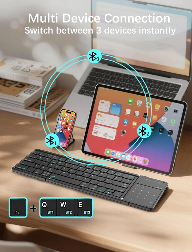 Alt view image 10 of 14 - Cube Pocket Upgraded Foldable Keyboard with Touchpad & Number Pad | Bluetooth Wireless Keyboard, Travel-friendly, Pocket-Sized, Full Size Keys, Support 3 Devices for iPad Laptop Phone, Black